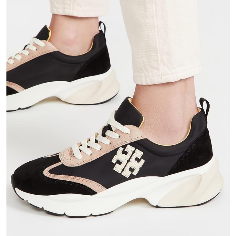 Tory Burch Good Luck Trainer Black and Natural Suede Women's Sneakers - Picture 2 of 9